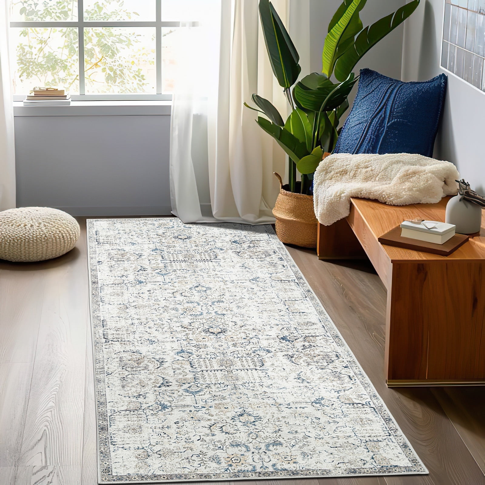Gray and Blue Floral Synthetic Runner Rug, 2 ft x 8 ft