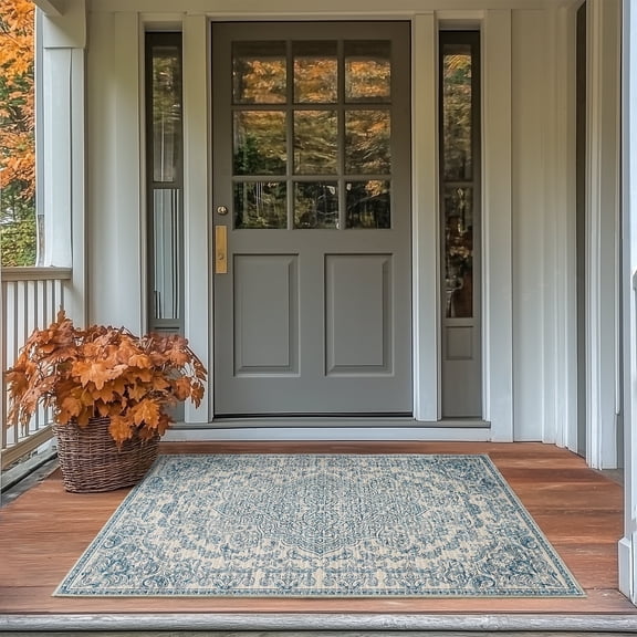 RUGKING Entrance Rug 3X5 Indoor Doormat Vintage Floor Decor Carpet Washable Orental Area Rug for Kitchen Bedroom Hallway Lake Blue