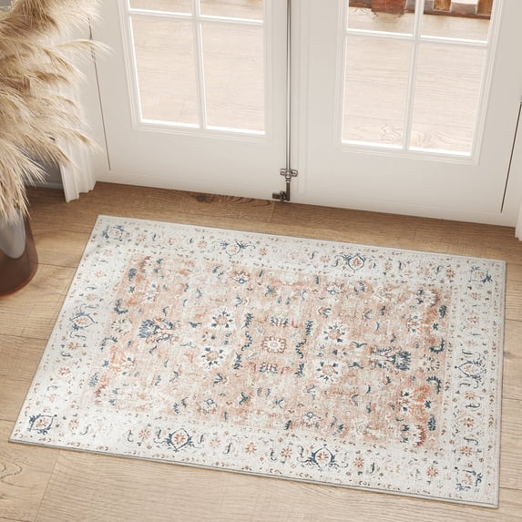 RUGKING Entryway Rug 2x3 Small Area Rug for Door Indoor Floral Thin Carpet Blush Pink Non-Slip Rug for Living Room Bedroom Kitchen