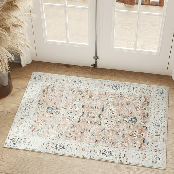 RUGKING Entryway Rug 2x3 Small Area Rug for Door Indoor Floral Thin Carpet Blush Pink Non-Slip Rug for Living Room Bedroom Kitchen