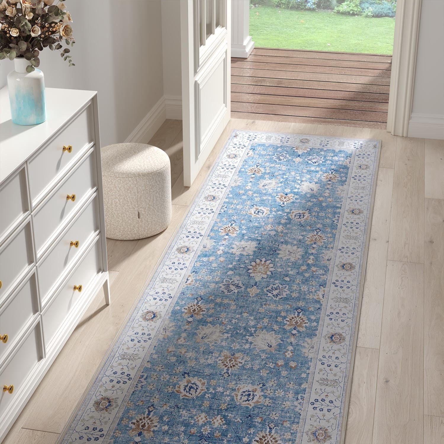 RUGKING Entryway Rugs 2x5 Blue Runner Rug Floral Non-Slip Vintage Area Rug Thin Mat Indoor Rug for Bedroom Kitchen Hallway