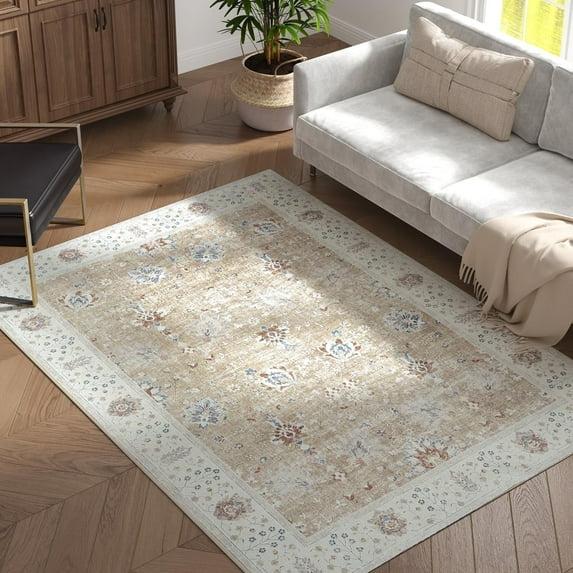 RUGKING Farmhouse Area Rug 4'x6' Floral Printed Taupe Indoor Accent Rug Vintage ChenilleMat for Kitchen Living Room Bedroom Dining Room