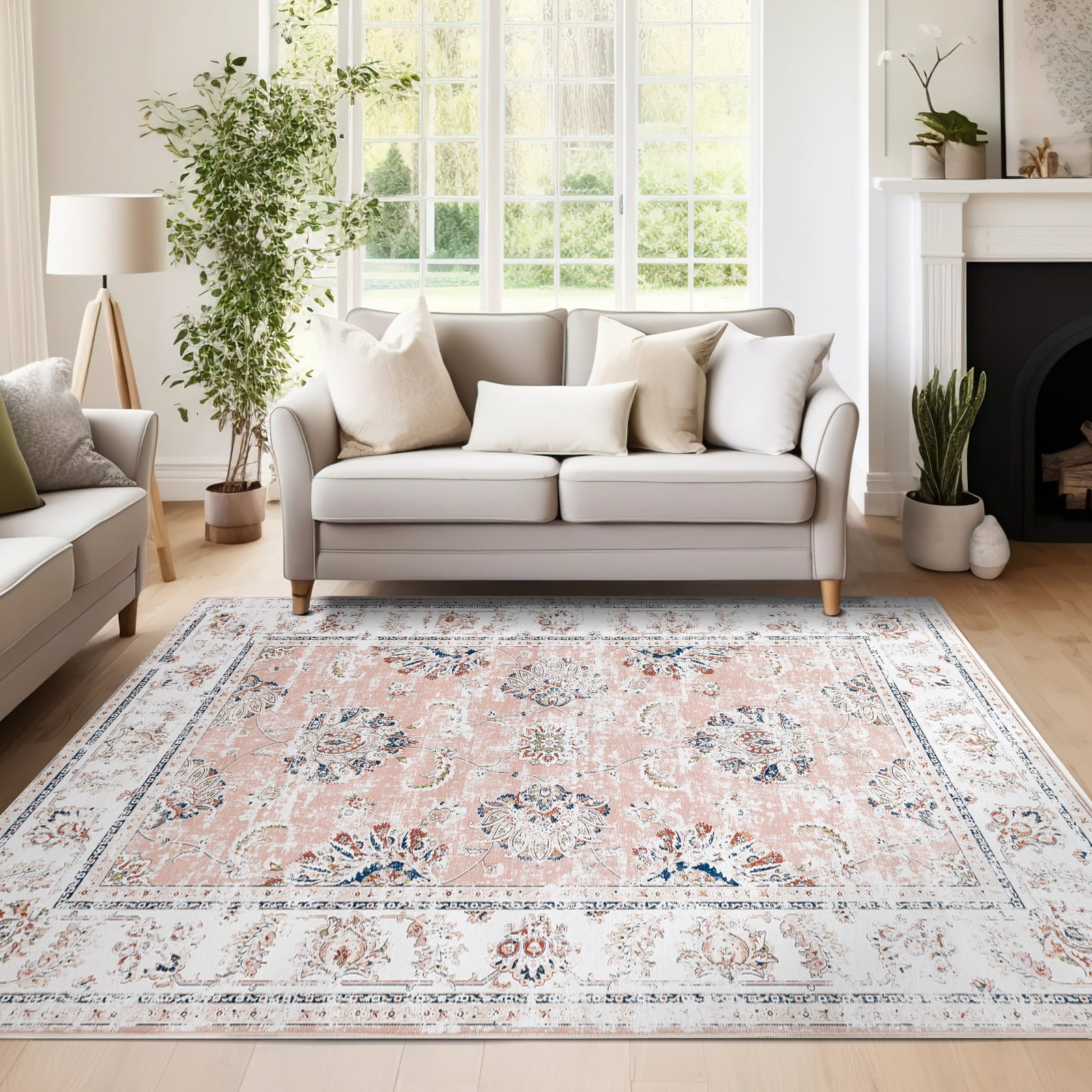 RUGKING Area Rug 5x7 Pink Foldable Oriental Rug Vintage Traditional Carpet Distressed Rugs for Living Room Bedroom Dining room