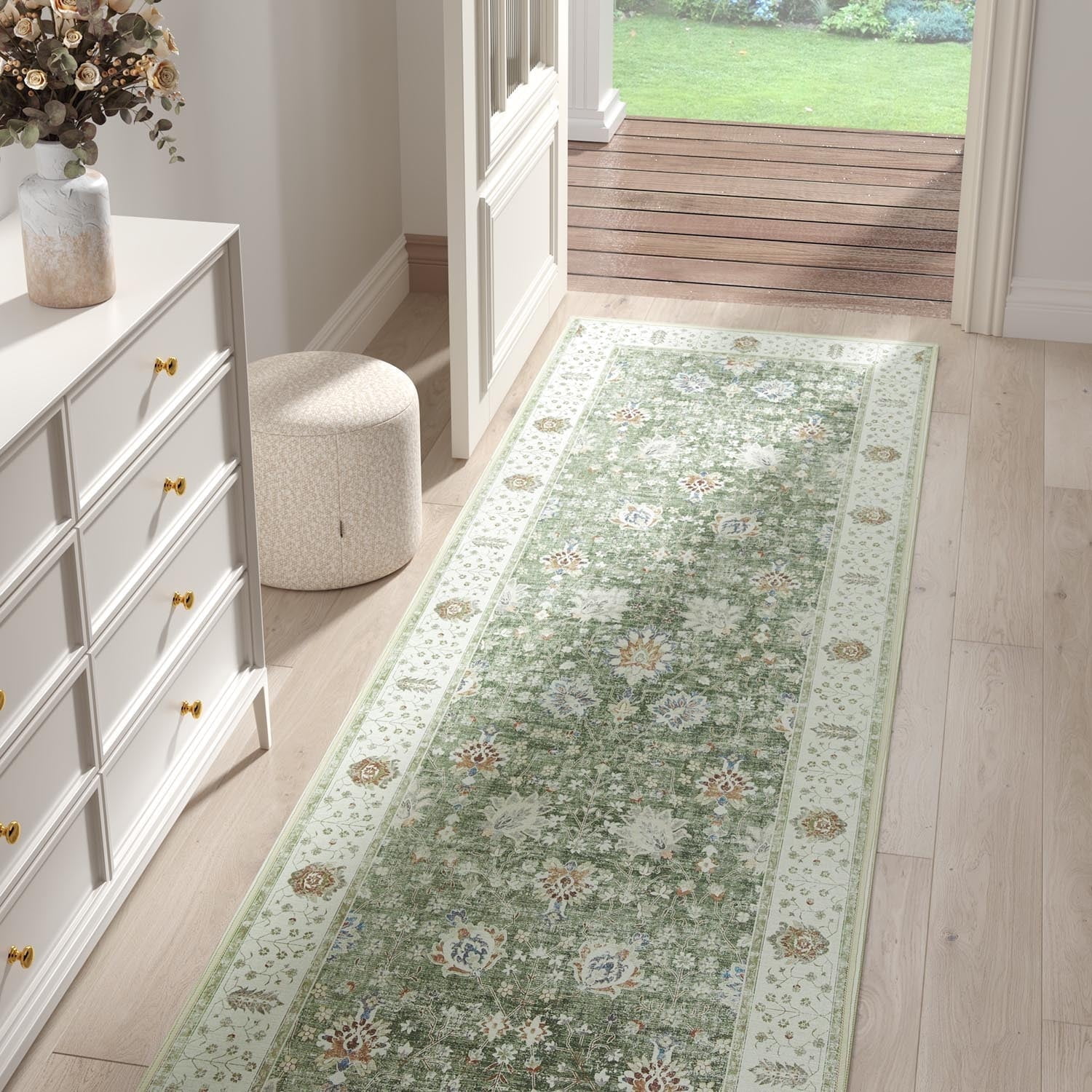 RUGKING Hallway Rugs 2x5 Green Runner Rug Floral NonSlip Vintage Area