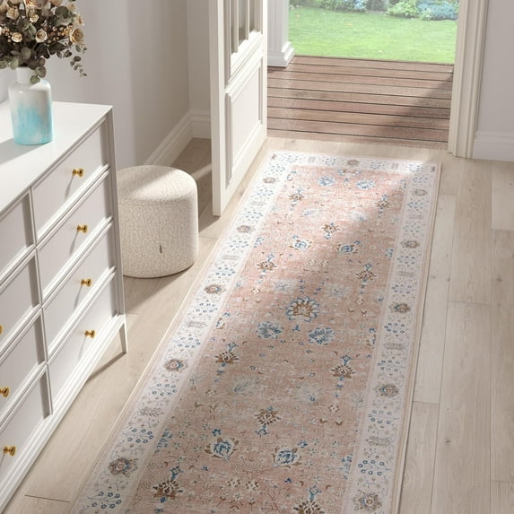 RUGKING Hallway Rugs 2x5 Pink Runner Rug Floral Non-Slip Vintage Area Rug Thin Carpet Foldable Indoor Rug for Bedroom Kitchen