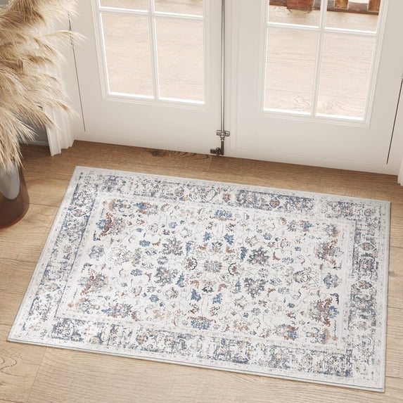 RUGKING Indoor Doormat 2x3 Grey Entryway Rug Small Area Rug Floral Thin Carpet Non-Slip Rug for Living Room Bedroom Kitchen