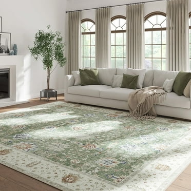 RUGKING Living Room Rug 8'x10' Floral Printed Green Rug Indoor Accent Mat with Non-slip backing Retro Persian Rugs for Bedroom Dining Room