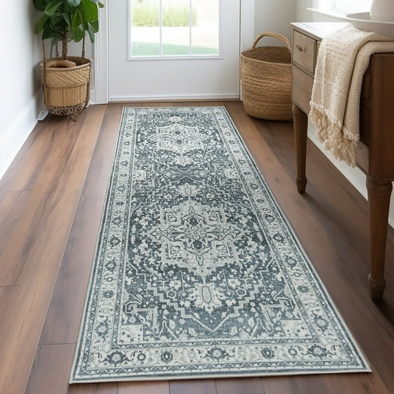 RUGKING Persian Runner Rug 2x7 Hallway Indoor Vintage Rug Floral Medallion with Non-slip Backing Mat Low pile Rug for Kitchen Living Room Blue