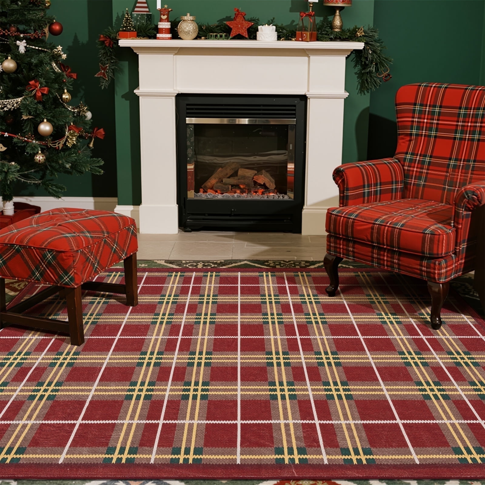 Red Plaid Rug 4x6 RUGKING Plaid Christmas Rug 4x6 Non-Slip Washable Carpet for Living ...