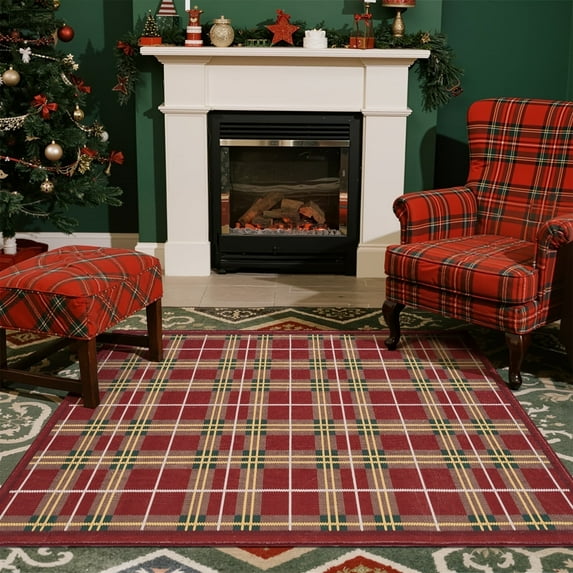 RUGKING Plaid Christmas Rug 3x5 for Entryway Kitchen Holiday Rug for Bedroom Christmas Classic Tartan Printed Xmas Decor for Living Room Bathroom Washable Non Slip Decorative Floor Carpet
