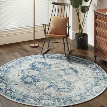 RUGKING Round Area Rugs 4ft Chenille Thin Rugs Vintage Carpet Indoor Floor Print Distressed Blue Multi Circle Mat for Bedroom Dining Room Kitchen