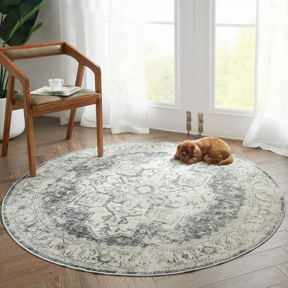 RUGKING Round Area Rugs 6ft Chenille Soft Thin Rugs Vintage Carpet Indoor Floor Print Distressed Grey Multi Circle Mat for Bedroom Dining Room Kitchen Living Room