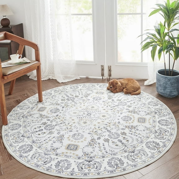RUGKING Round Rug 4Ft Retro Entryway Area Rug Indoor Rug Grey Multi Persian Throw Rug Low pile Mat Distressed Non Slip Rug for Living Room Bedroom Office