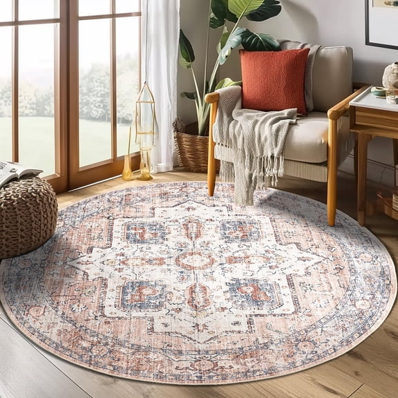 RUGKING Round Rug 5Ft Bohemian Area Rug Indoor Persian Circle Rug Washable Rug Floral Medallion Non Slip Carpet for Living Dining Room Entryway Rusty Orange/Blue