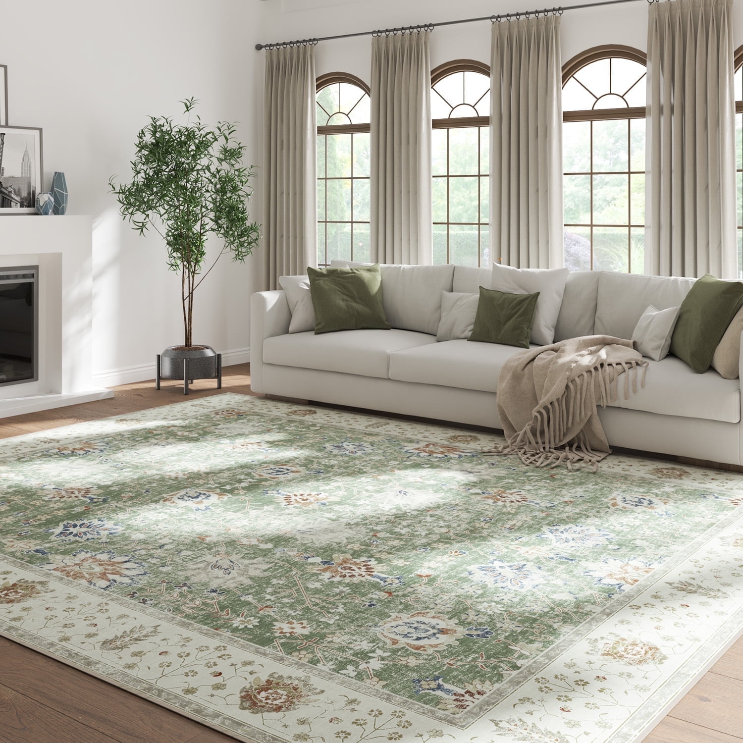 RUGKING 6'x9' Green Floral Area Rug, Chenille Vintage Style for Living ...