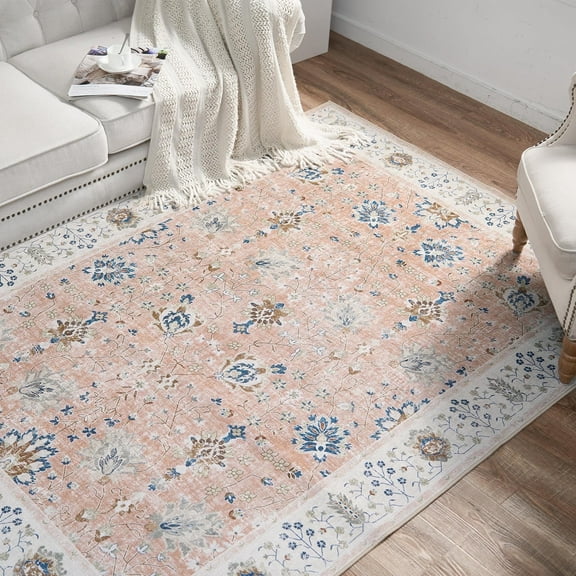 RUGKING Rugs for Living Room 6'x9' Floral Printed Pink Indoor Washable Accent Rug with non-slip backing Vintage Chenille Mat for Bedroom Dining Room
