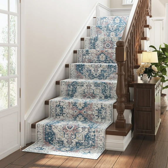 RUGKING Runner Rug 2x12 Vintage Printed Blue Area Rug Stairway Carpet Home Accent Thin Rug For Hallway Bedroom Kitchen Living Room