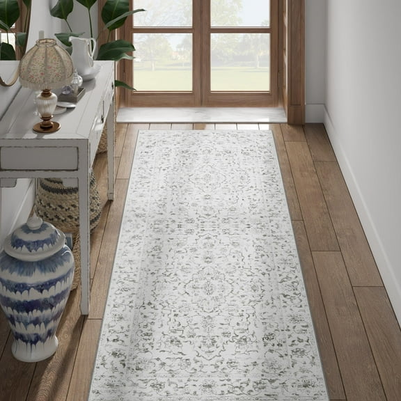 RUGKING Runner Rug 2x5, Non Slip Traditional Area Rug Low Pile Machine Washable Rugs for Entryway, Hallway, Kitchen and Corridor, Floral Grey