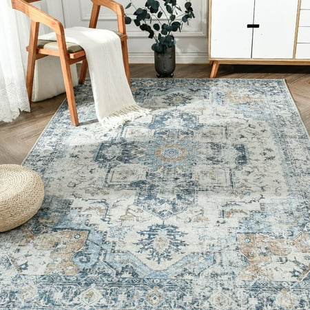 RUGKING Traditional Area Rugs 8x10 Blue Foldable Oriental Medallion Pattern Carpet Non Slip In Door Rug for Living Room Bedroom Thin Kitchen