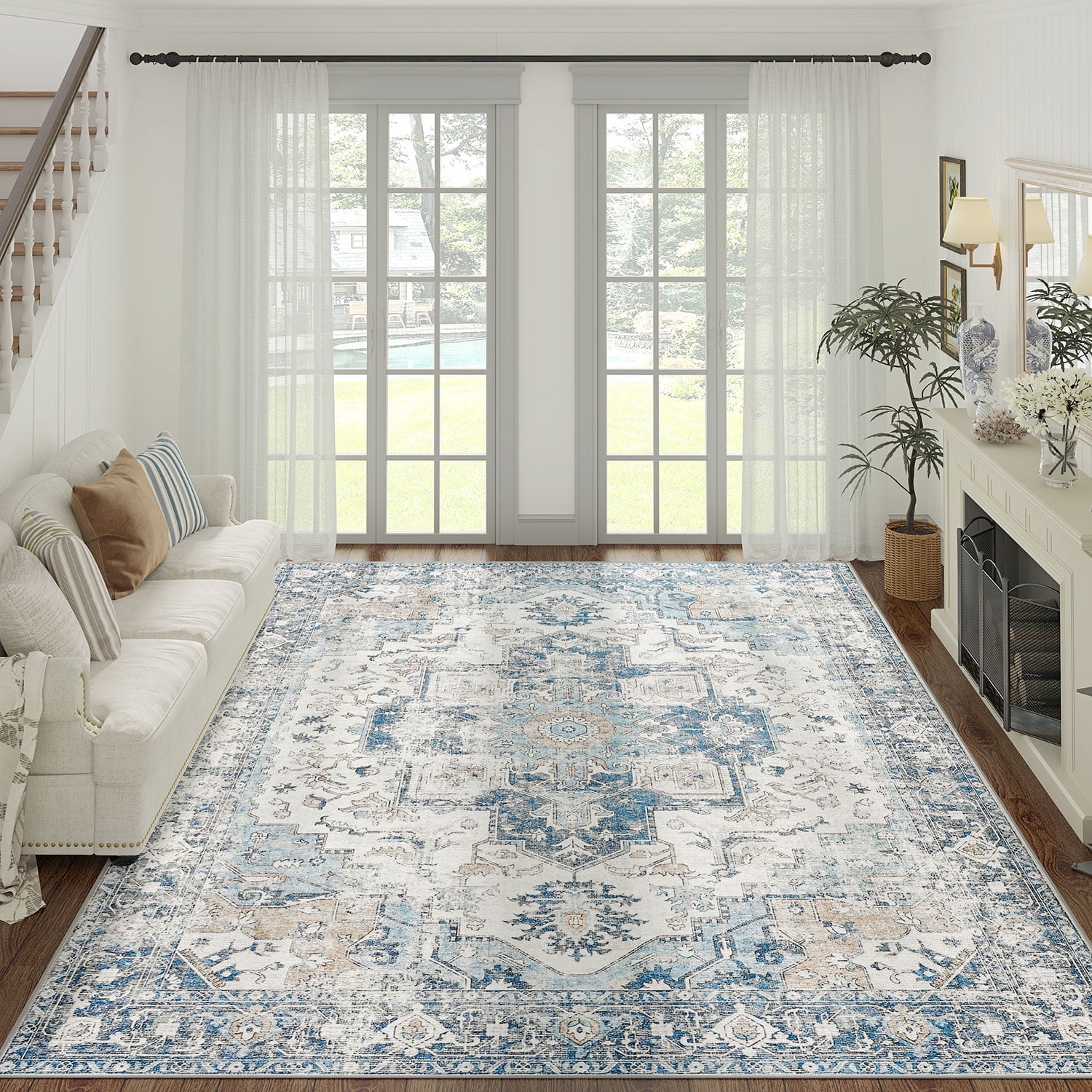 RUGKING Traditional Area Rugs 9x12 Blue Foldable Oriental Medallion