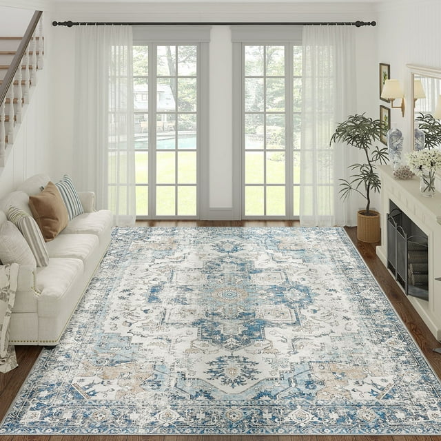 RUGKING Traditional Area Rugs 9x12 Blue Foldable Oriental Medallion