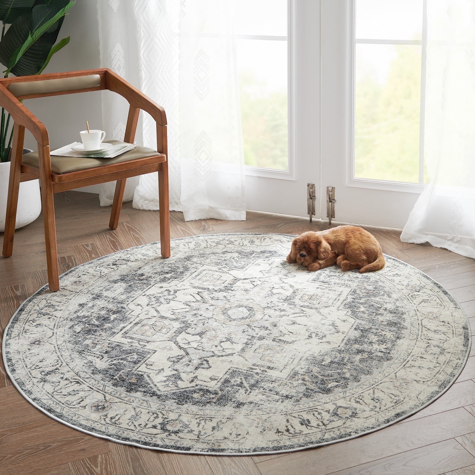 RUGKING 4ft Round Non-Slip Distressed Rug for Living Room