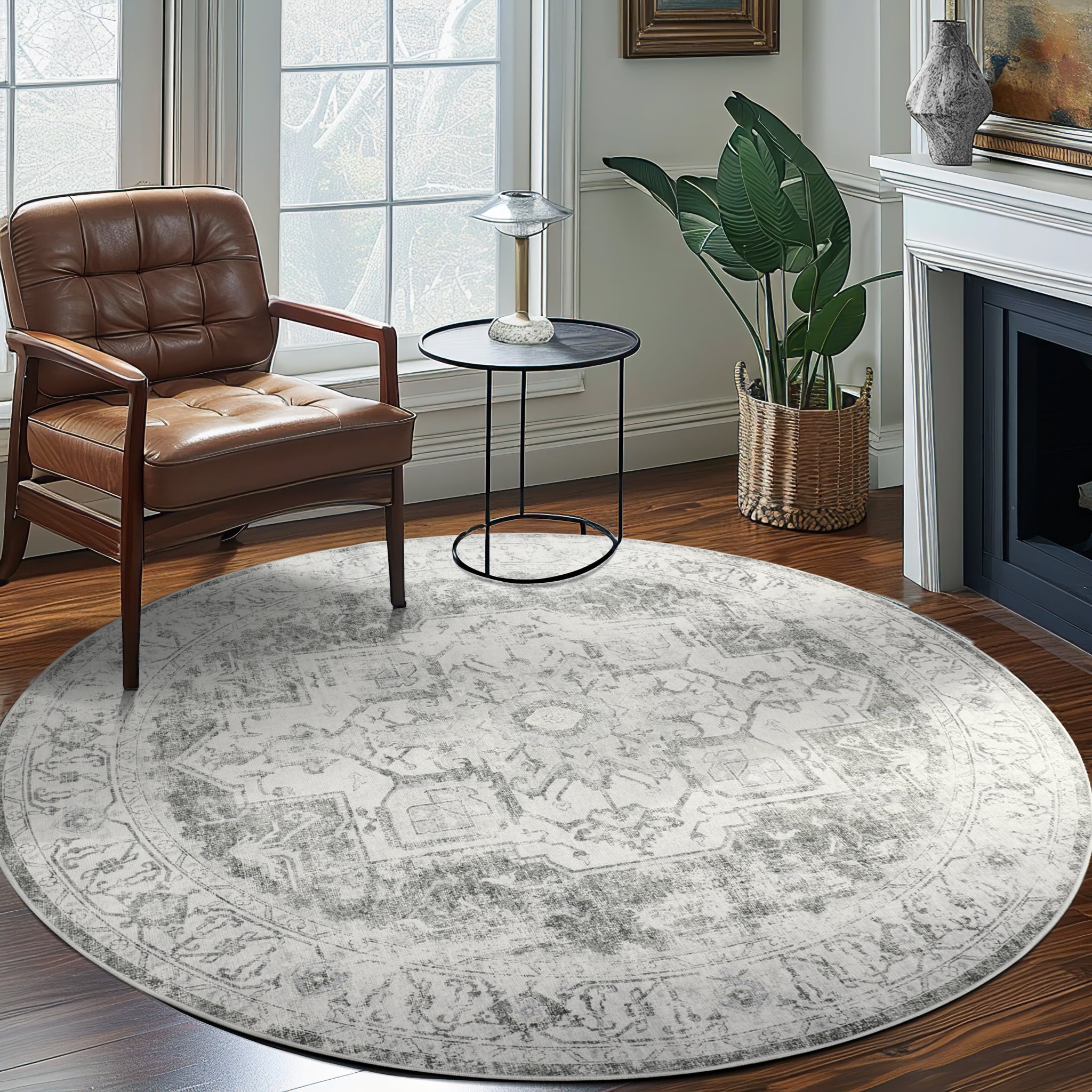 RUGKING Traditional Round Rug 5ft Foldable Gray Circle Rugs for