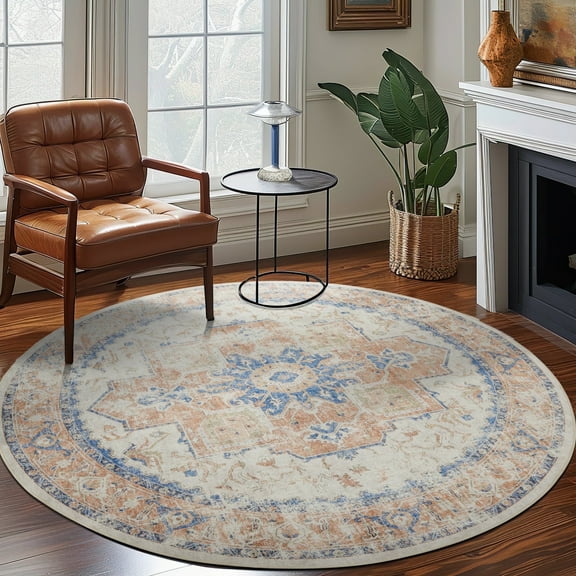 RUGKING Traditional Round Rug 5ft Foldable Orange Circle Rugs for Livingroom Bedroom Thin Accent Washable Carpet Non-Slip Distressed Area Rug