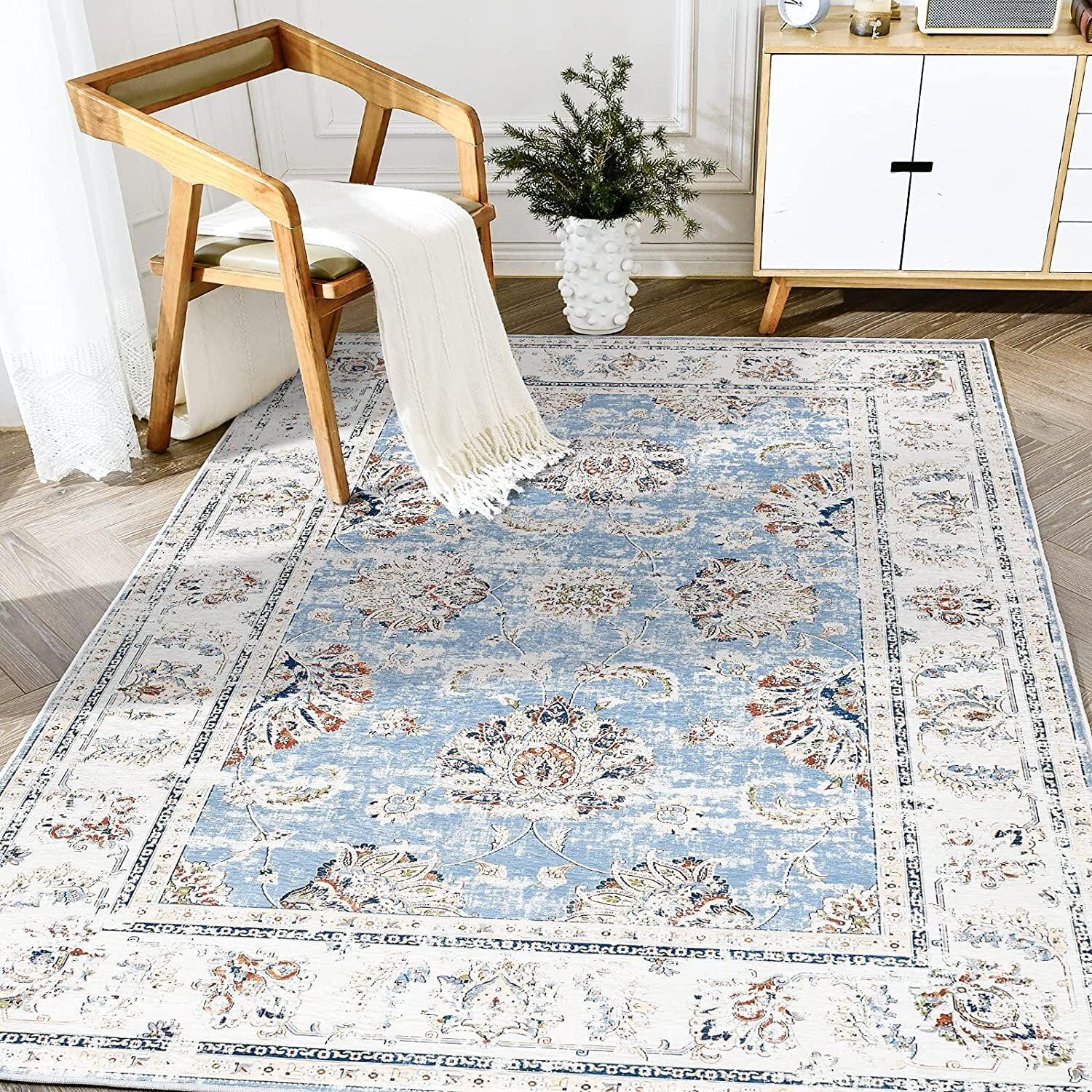 RUGKING Vintage 3x5 Area Rug Blue Floral Print Accent Rug Foldable Retro  Non-Slip Indoor Rug for Kitchen Bathroom Bedroom Living Room 