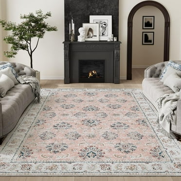 RUGKING Vintage Area Rug 8'x10' Floral Print Rugs Pink Low pile Rug Indoor Non-Slip Rug for Bedroom Living Room Valentines Decoration