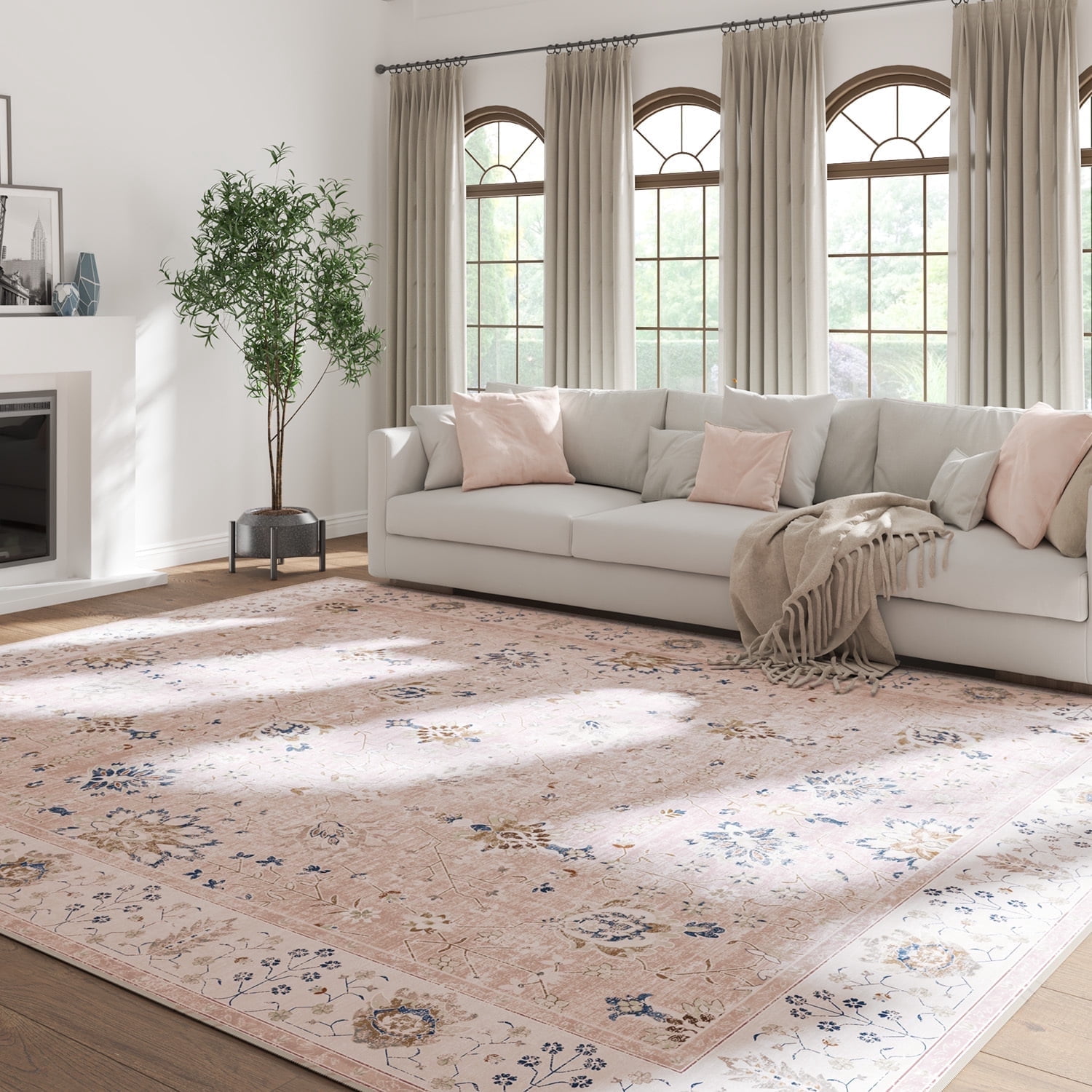 RUGKING Vintage Area Rug 9'x12' Floral Printed Pink Indoor Accent Rug Non-Slip Carpet for Living Room Bedroom Dining Room