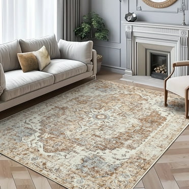 RUGKING Vintage Area Rugs 8x10 Brick Red Oriental Medallion Pattern Mat Non Slip Thin Indoor Rug for Living Room Bedroom