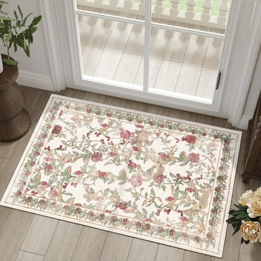 RUGKING Vintage Rugs For Doormat 2X3 Retro Oriental Rug Floral Print Mat Thin Traditional Carpet For Kitchen Bathroom Hallway Red/Green