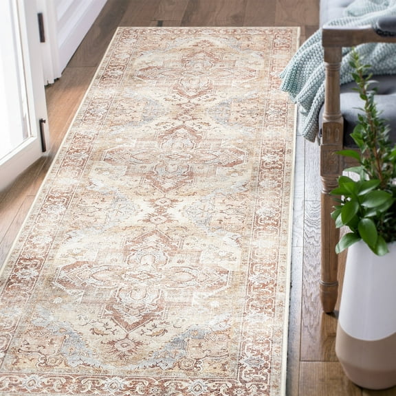 RUGKING Vintage Runner Rug 2x10 Foldable Oriental Medallion Area Rug Distressed Indoor Non-Slip Rug Taupe Runner for Bedroom Entryway Hallway Kitchen