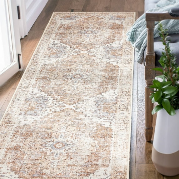 RUGKING Vintage Runner Rug 3x7 Brick Red Foldable Boho Medallion Runnner Distressed Non Slip Indoor Thin Rug for Entryway Hallway Kitchen