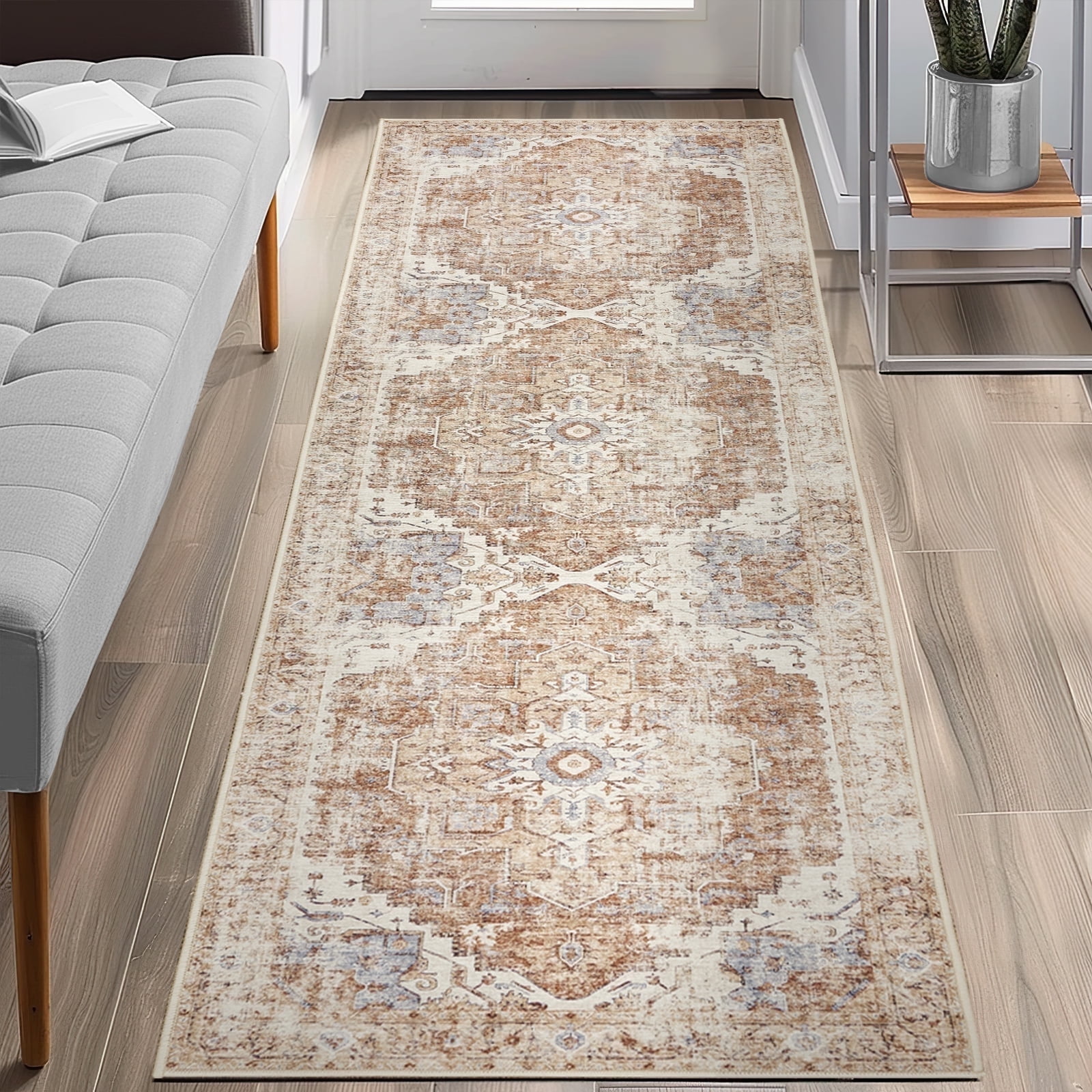 RUGKING Vintage Washable Carpet, 3x8 Brick Red Boho Medallion Runner