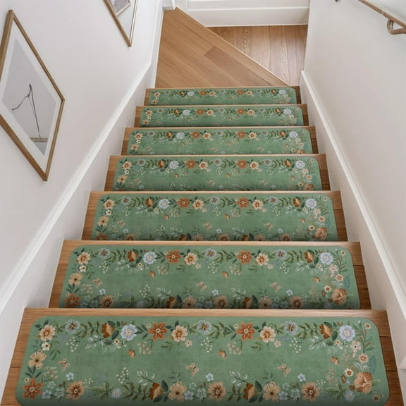 RUGOGO Floral Stair Treads Non-Slip Stair Runners for Wooden Steps Indoor 15PCS 30"x8" Stair Mats Staircase Step Treads for Kids, Elders and Dogs, Stair Covers, Green