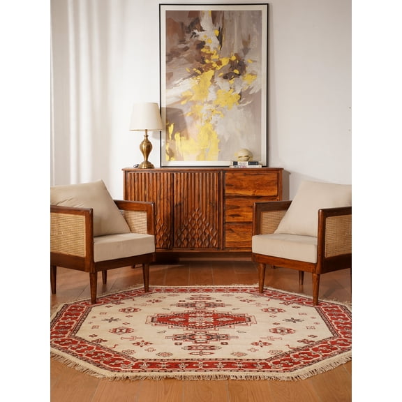 Rugsotic Carpets Hand Knotted Wool Area Rug 6'x6' Gold Red Oriental Octagon Indoor Rug for Living Room, Bedroom Antimicrobial HM0023