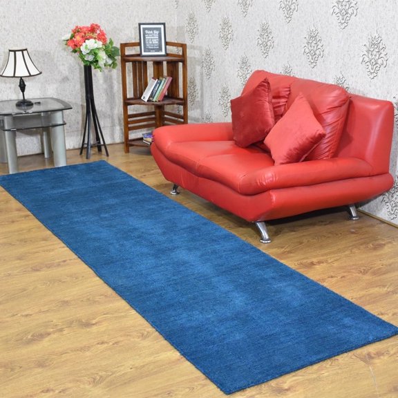 Rugsotic Carpets Handmade Rugs Hand Knotted Loom Runner 2'6''x12' Blue Silk Mix for Indoor Use