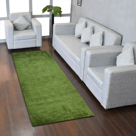 Rugsotic Carpets Handmade Rugs Hand Knotted Loom Runner 2'8''x12' Green Silk Mix for Indoor Use