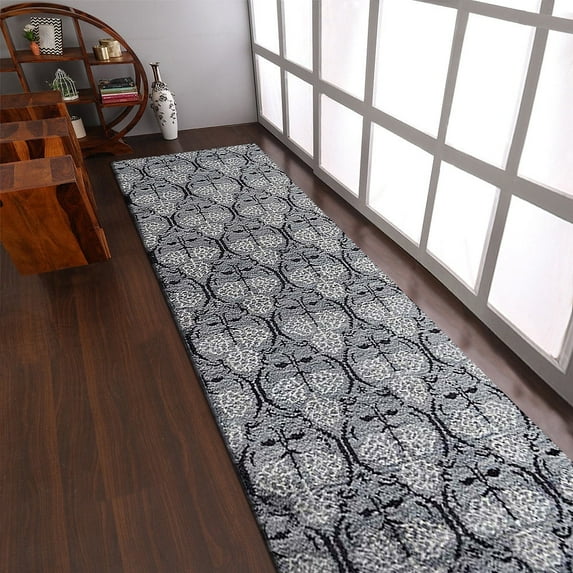 RUGSOTIC CARPETS HAND KNOTTED SILK AREA RUGS - 2'6''x10', Runner, Gray Black, Floral Modern Design, High Pile Thick Handmade Anti Skid Area Rugs for Living Room, Bed Room (NS1221)
