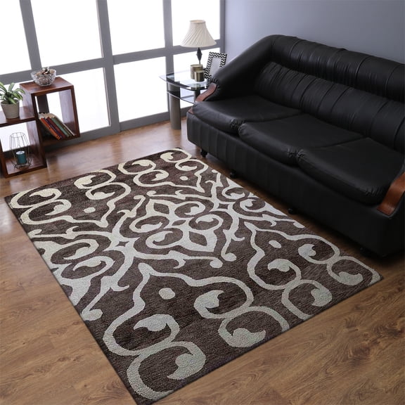 RUGSOTIC CARPETS HAND KNOTTED SILK AREA RUGS - 5'x8', Rectangle, Brown Beige, Contemporary Modern Design, High Pile Thick Handmade Anti Skid Area Rugs for Living Room, Bed Room (NS3307)