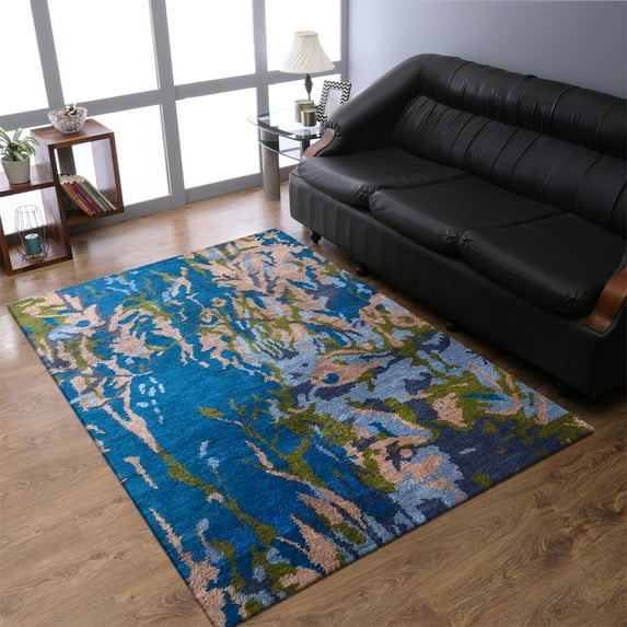 RUGSOTIC CARPETS HAND KNOTTED SILK AREA RUGS - 6'x9', Rectangle, Blue, Abstract Modern Design, High Pile Thick Handmade Anti Skid Area Rugs for Living Room, Bed Room (NS0817)