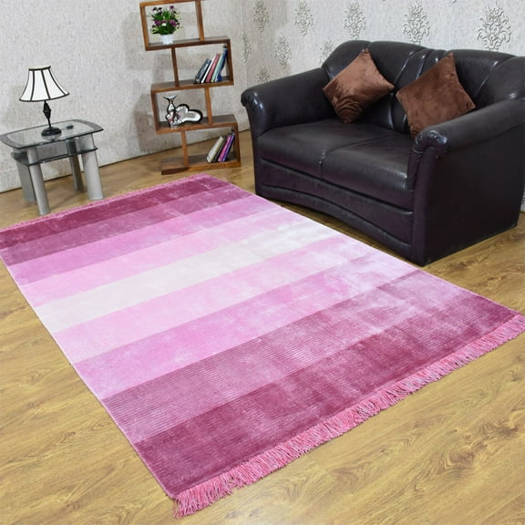 RUGSOTIC CARPETS HAND KNOTTED SUMAK SILK AREA RUGS - 5'x8', Rectangle, Pink, Contemporary Modern Design, High Pile Thick Handmade Anti Skid Area Rugs for Living Room, Bed Room (SS0004)