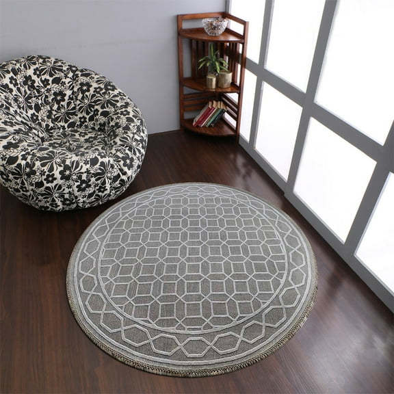 RUGSOTIC CARPETS HAND KNOTTED SUMAK SILK AREA RUGS - 8'x8', Round, Beige White, Geometric Modern Design, High Pile Thick Handmade Anti Skid Area Rugs for Living Room, Bed Room (SSW004)