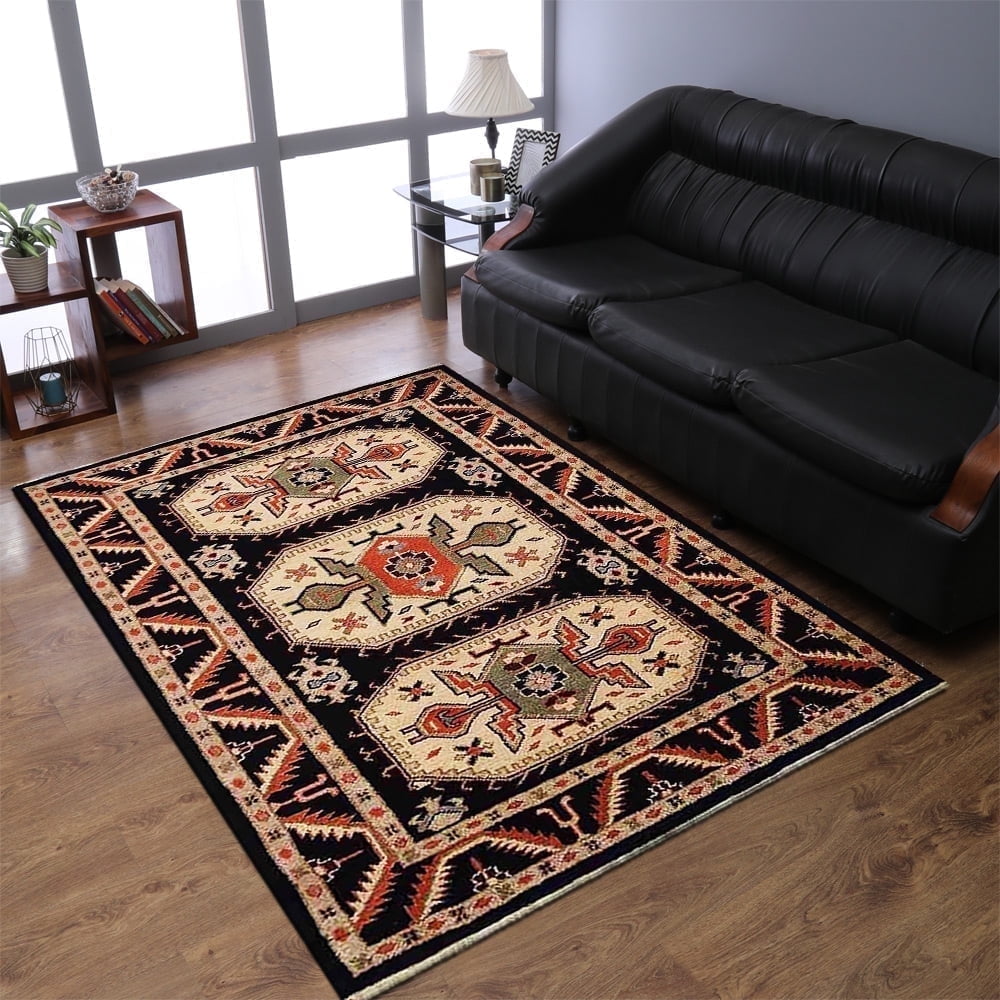 Hand-Knotted Black Cream Wool Silk Oriental 10'x13' Area Rug