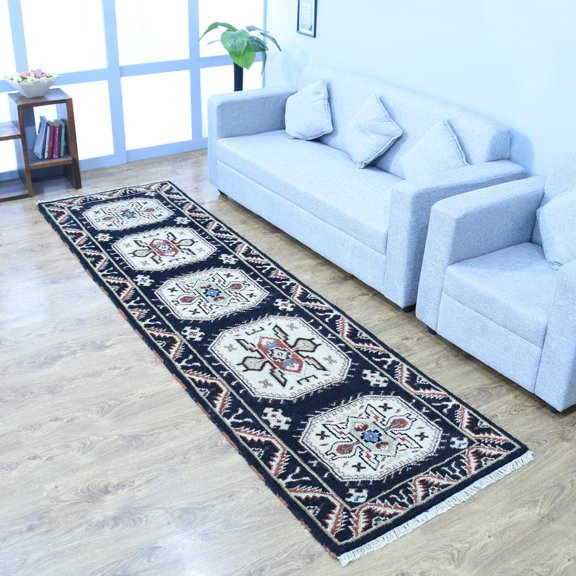 Rugsotic Carpets Hand Knotted Wool & Silk Eco-Friendly Oriental 2'6''x10' Area Rugs Runner Black Cream Classic Traditional Design High Pile Indoor Handmade Rug for Living Room, Bedroom AF0109