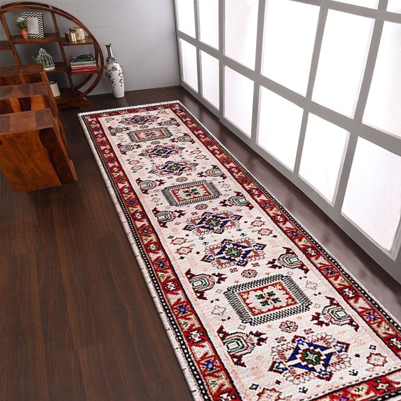 Rugsotic Carpets Hand Knotted Wool & Silk Eco-Friendly Oriental 2'6''x10' Area Rugs Runner Cream Red Classic Traditional Design High Pile Indoor Handmade Rug for Living Room, Bedroom AF0115