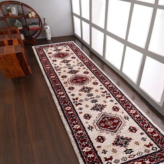 Rugsotic Carpets Hand Knotted Afghan Rugs Runner 2'6''x10' Gold Red Silk-Wool for Indoor Use