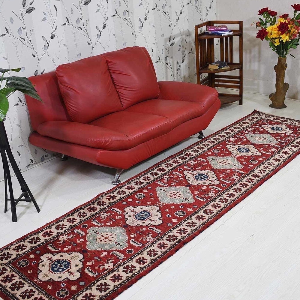 Hand-Knotted Red and Cream Wool Silk Runner Rug